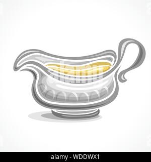 Vector ceramic gravy boat with handle, filled homemade yellow sauce isolated on white background. Stock Vector