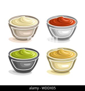 Vector set of dip bowls, filled different homemade gravy dressing tomato and spicy sauce, four bowls with seasoning cream isolated on white background Stock Vector
