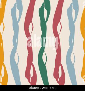 Painterly weave effect vertical stripes in warm tones of teal, red purple and orange. Seamless vector pattern on light background with homespun feel Stock Vector