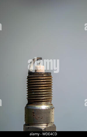 a close up of a used automotive spark plug on gray background Stock Photo