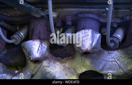 Victoria, MN - August 19, 2019: a close up of spark plugs and ignition wires in the engine of a vehicle Stock Photo