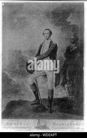 General Washington Abstract: Print shows George Washington, full-length portrait, standing, facing slightly left, wearing uniform, holding hat in right hand on the right, an African man holds Washington's horse. Includes remarque showing a Native American man holding crest. Stock Photo