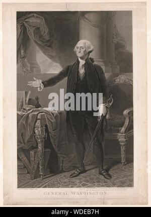 General Washington Abstract: Print shows George Washington, full-length portrait, facing slightly left, standing in front of a chair, with right arm extended toward a table on the left, and holding a sword in left hand. After a portrait painting by Gilbert Stuart. Stock Photo