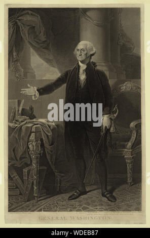 General Washington Abstract: Print shows George Washington, full-length portrait, facing slightly left, standing in front of a chair, with right arm extended toward a table on the left, and holding a sword in left hand. After a portrait painting by Gilbert Stuart. Stock Photo