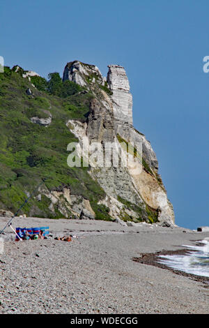 The cliff at Beer Head viewed from Branscombe beach in Devon. Stock Photo