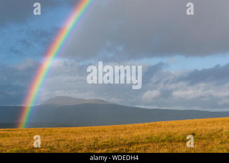 Rainbow over Bentham moor Yorkshire. Stock Photo