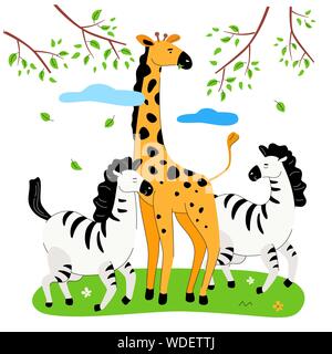 Zebras and giraffe - flat design style illustration Stock Vector