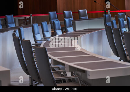 Hannover, Germany, August 24., 2109: Empty row of chairs with work tables in the plenum of the Lower Saxony Parliament at the Open Day Stock Photo