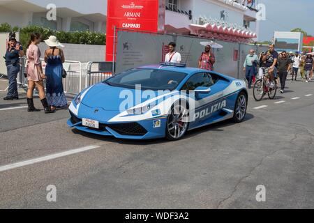 Venice, Italy. 29th Aug 2019. Italian police Lamborghini seen during the 76th Venice Film Festival at Palazzo del Cinema on the Lido in Venice, Italy, on 29 August 2019. | usage worldwide Credit: dpa picture alliance/Alamy Live News