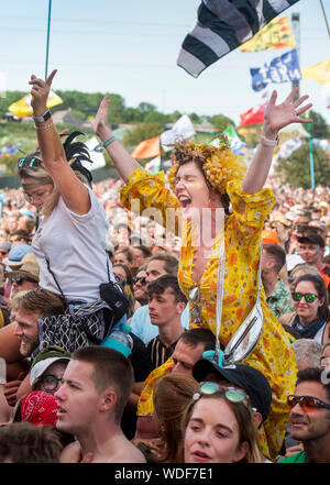 A Bastille fan at the Pyramid Stage at the Glastonbury Festival 2019 in Pilton, Somerset Stock Photo