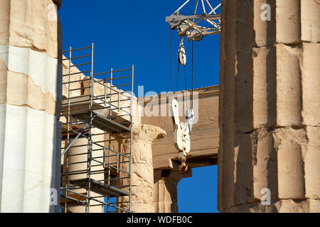 The Parthenon temple, under scaffolding, on the Acropolis in Athens, Greece Stock Photo