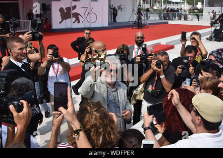 VENICE, Italy. 29th Aug, 2019. Pedro Almodovar shows the Golden Lion at Palazzo del Cinema after receiving it for lifetime achievements during the 76th Venice Film Festival on August 29, 2019 in Venice, Italy. Credit: Andrea Merola/Awakening/Alamy Live News