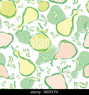 Hand drawn pears and apples in pastel green, pink and yellow all over print. Fresh seamless vector pattern on white background. Great for wellbeing Stock Vector