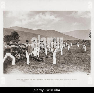 Artillery Exercise on the Campus of the Military Academy, West Point, USA.  From the book The United States of America - One Hundred Albertype Illustrations From Recent Negatives of the Most Noted Scenes of Our Country, published 1893. Stock Photo