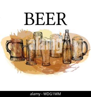 Set of hand drawn sketch style beer mugs with bottle isolated on white background. Vector illustration. Stock Vector