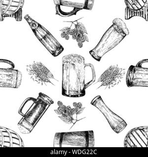 Seamless pattern of hand drawn sketch style beer mugs, bottles, barrels with malt and hops isolated on white background. Vector illustration. Stock Vector