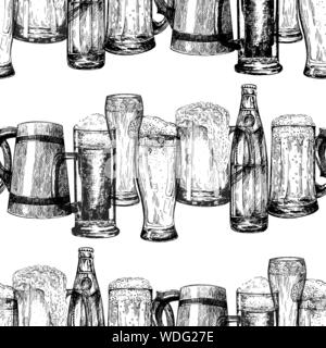 Seamless pattern of hand drawn sketch style beer mugs with bottles isolated on white background. Vector illustration. Stock Vector