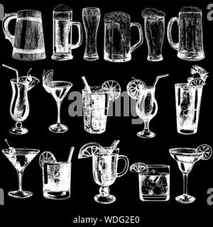 Set of hand drawn sketch style beer and highball cocktails isolated on black background. Vector illustration. Stock Vector