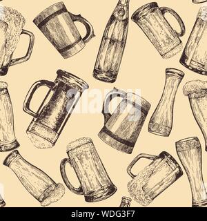 Seamless pattern of hand drawn sketch style beer mugs with bottles. Isolated vector illustration. Stock Vector