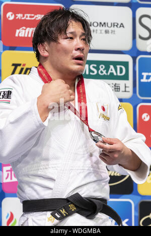 Tokyo, Japan. 29th Aug, 2019. Silver medalist Shoichiro Mukai of Japan cries during the award ceremony of the men's -90kg category of the World Judo Championships Tokyo 2019 at Nippon Budokan. The World Judo Championships Tokyo 2019 is held from August 25 to September 1st. Credit: Rodrigo Reyes Marin/ZUMA Wire/Alamy Live News Stock Photo
