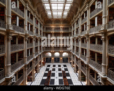 George Peabody Library, formerly the Library of the Peabody Institute of the City of Baltimore, is part of the Johns Hopkins Sheridan Libraries. Baltimore, Maryland Stock Photo