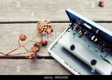 Close-up Of Personal Cassette Player With Plant On Wooden Table