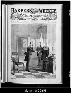 George T. Brown, sergeant-at-arms, serving the summons on President Johnson / sketched by T.R. Davis. Abstract/medium: 1 print : wood engraving. Stock Photo