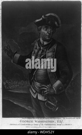 George Washington, Esq'r. - general and commander in chief of the Continental Army in America Abstract: Print shows George Washington, three-quarter length portrait, standing, facing right, wearing military uniform, gesturing with right hand toward battle in background. Stock Photo
