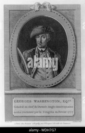 Georges Washington Eqer. général en chef de l'armée Anglo-Amériquaine, nom̄é dictateur par le congrès en Fevrier 1777 Abstract: Print shows George Washington, head-and-shoulders portrait, facing front, wearing military uniform in oval with ribbon at top, above nameplate. Stock Photo