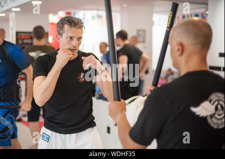 ISTANBUL, TURKEY - Maj 30 - Jun 02. 2019. Group of martial arts students practice filipino escrima stick fighting training on GENERAL MEETING OF KAPAP Stock Photo