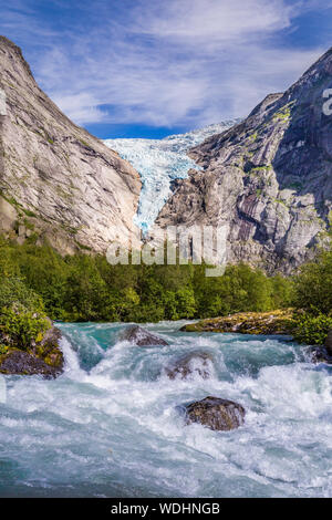 Briksdal glacier in Norway wel known arm of the large Jostedalsbreen glacier in Oldedalen valley in Norway, Scandinavia. Stock Photo