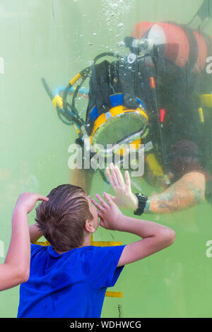 Bournemouth, UK. 29th August 2019. Up to a million people are set to descend on Bournemouth over the next four days as the 12th annual Bournemouth Air Festival gets underway. Children have fun interacting with the diver in dive tank and getting splashed. High Fives! Credit: Carolyn Jenkins/Alamy Live News Stock Photo