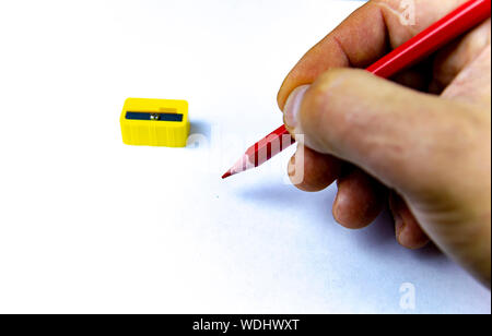 Multi-colored pencils for drawing with a sharpener on a white background. School. Background. Place for text. Stock Photo