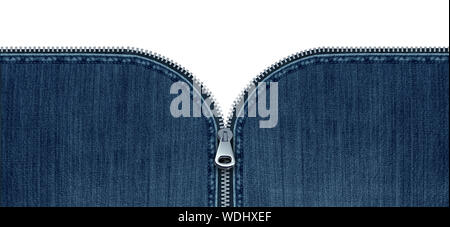 Zipper on jeans concept as an open interlocking metal fastener on blue denim clothing or garment textile as a symbol for revealing a message. Stock Photo