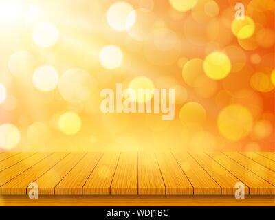 Empty wooden table top on blurred abstract orange background with bokeh. Autumn concept. Vector illustration Stock Vector