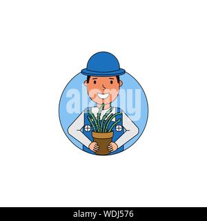 Boy farmer holding a potted plant, a young gardener in cartoon style, vector illustration on a white background Stock Vector