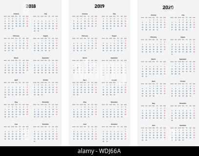 Calendar for 2018, 2019, 2020 years on white background vector Stock Vector
