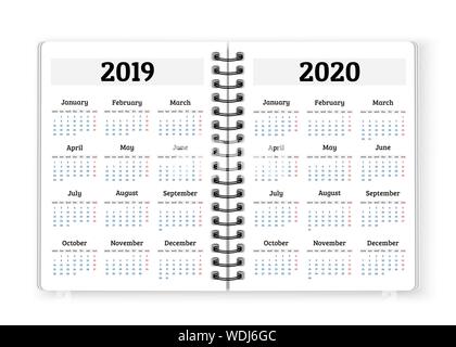 Open notebook paper with calendars for 2019, 2020 years vector background Stock Vector