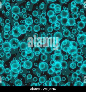 Seamless background with cyan transparent glowing bubbles on dark background Stock Vector