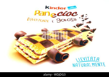 Kinder Panecioc Sponge Cake with Chocolate. Kinder is a brand of products made in Italy by Ferrero Stock Photo