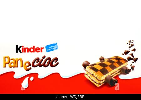 Kinder Panecioc Sponge Cake with Chocolate. Kinder is a brand of products made in Italy by Ferrero Stock Photo