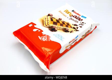 Kinder Panecioc Sponge Cake with Chocolate. Kinder is a brand of products made in Italy by Ferrero Stock Photo