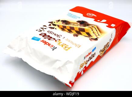 Kinder Panecioc Sponge Cake with Chocolate. Kinder is a brand of products made in Italy by Ferrero Stock Photo