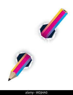 Colorful creative pencil,in holed paper. Illustration of torn paper with playful wooden pencil. Concept for presentation of creative graphic design Stock Vector