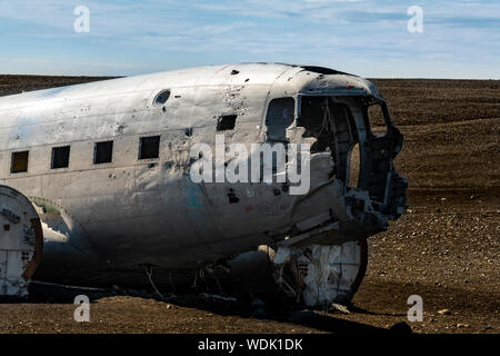 Solheimasandur Plane Wreck crashed airplane in 1973, Douglas R4D Dakota DC-3 C 117 of the US Navy in the Iceland pebble desert Stock Photo