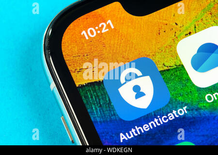 Helsinki, Finland, May 4, 2019: Microsoft authenticator application icon on Apple iPhone X smartphone screen close-up. Microsoft Authenticator app ico Stock Photo
