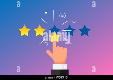 Online feedback reputation good quality customer review concept flat style. Businessman hand finger pointing 3 three gold star rating on gradient background. Vector ranking icon illustration Stock Vector