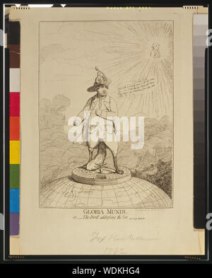 Gloria Mundi, or The Devil addressing the sun - Pare. Lost, Book IV Abstract: Cartoon showing Charles James Fox standing on a roulette wheel perched atop a globe showing England and continental Europe, the implication is that his penniless state, indicated by turned-out pockets, is due to gambling he looks over his left shoulder up at a bust of Shelburne who, like the sun, is beaming radiantly. Like Edmund Burke, Fox resigned his position as foreign secretary in protest at the appointment of Shelburne following Rockingham's death. Stock Photo