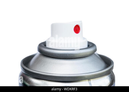 Aluminum spray can. Aerosol bottle. Paint tin with cap. Compressed foam chrome Packaging. Deodorant or hairspray cosmetic cylinder tube isolated on wh Stock Photo