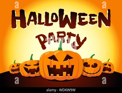 Happy Halloween holiday pumpkins under moonlight. Jack O Lantern party on night blurred yellow background and inscription greeting card design template. Vector cartoon spooky invitation illustration Stock Vector